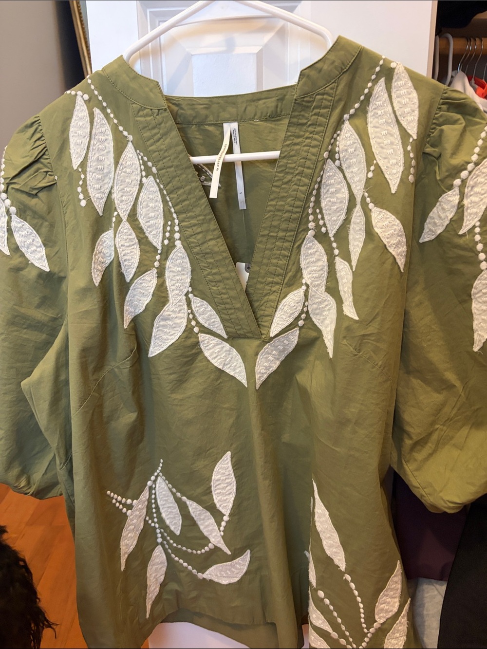 Anthropologie Olive Green V-Neck Tunic with White Leaf Embroidery